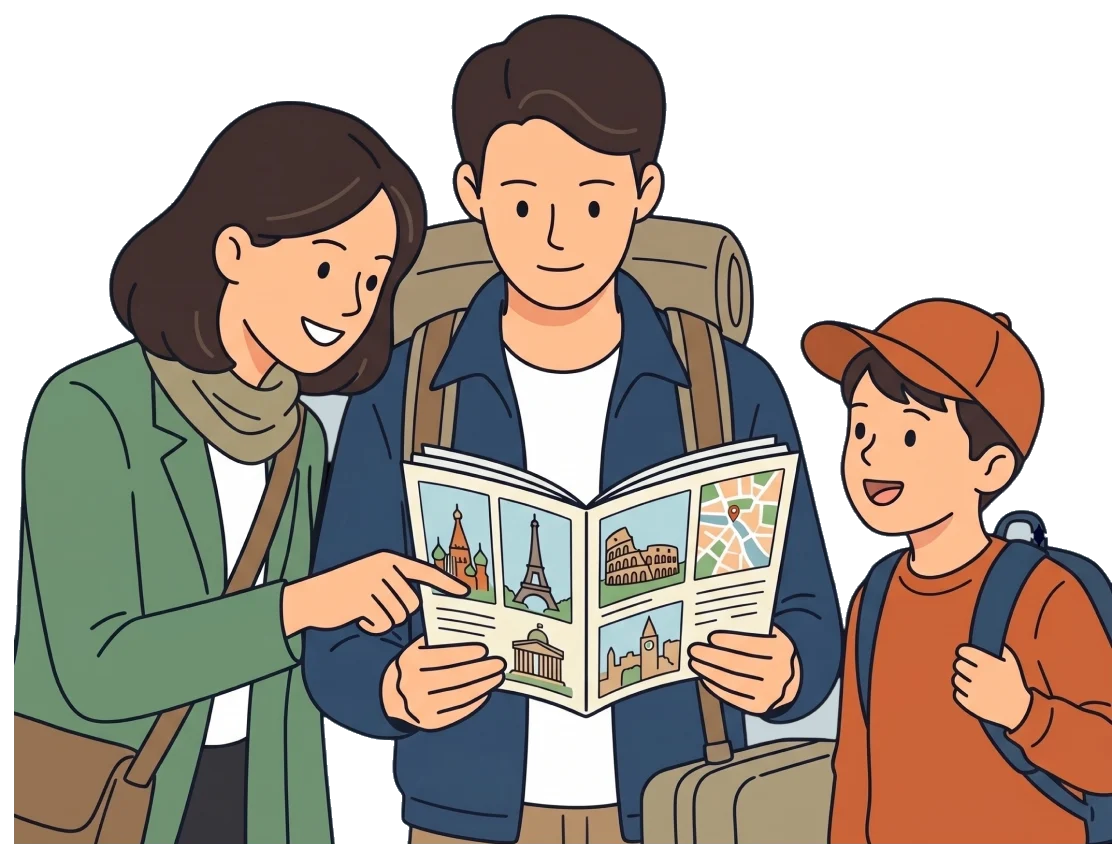 Une famille prépare son voyage à l’étranger avec un guide et des bagages